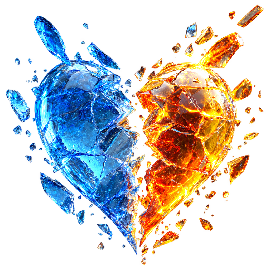 Shattered glass heart split between icy blue and burning gold — the Soul Trap Narcissist emblem